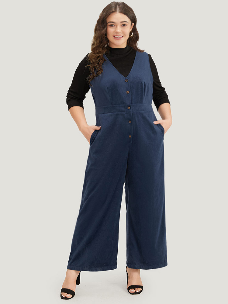 

Plus Size DarkBlue Solid Button Through Pocket Tank Jumpsuit Women Elegant Sleeveless V-neck Dailywear Loose Jumpsuits BloomChic