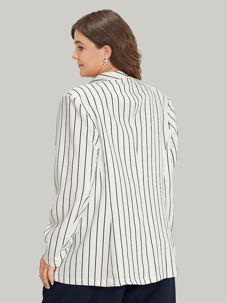 Plus Size Striped Pocket Gathered Lapel Collar Blazer White Women Work Striped Gathered Sleeve Long Sleeve Lapel Collar 18-20/2X Pocket Office Blazers BloomChic 