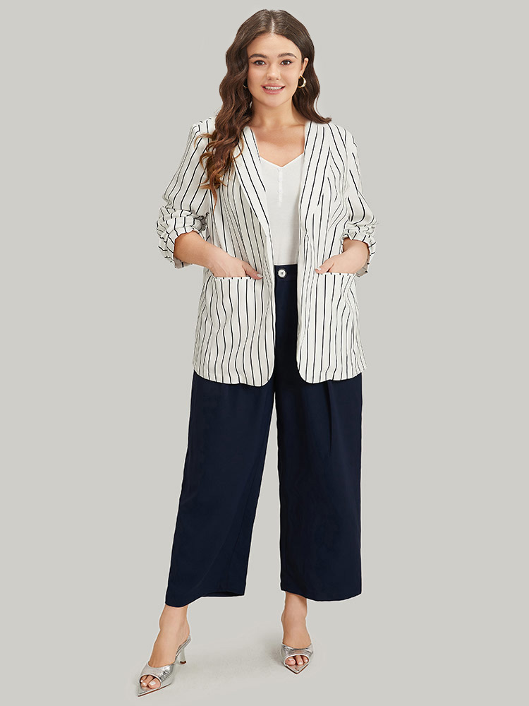 Plus Size Striped Pocket Gathered Lapel Collar Blazer White Women Work Striped Gathered Sleeve Long Sleeve Lapel Collar 18-20/2X Pocket Office Blazers BloomChic 