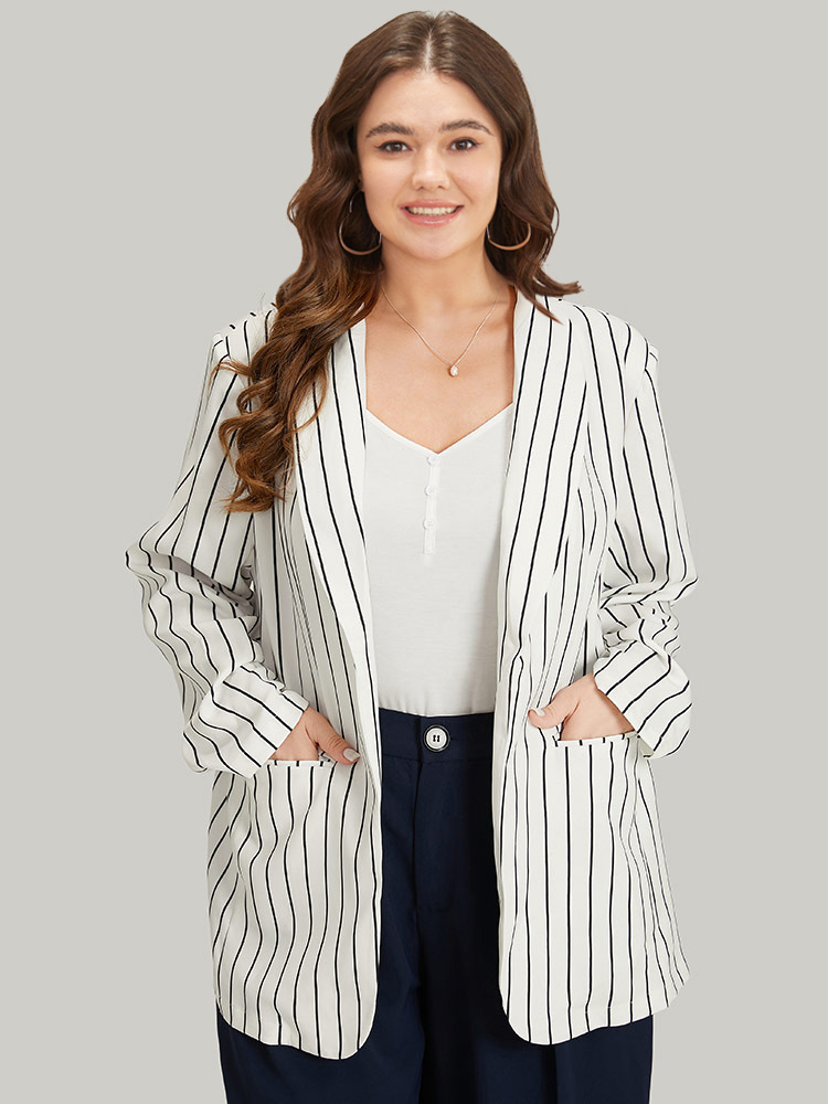 Plus Size Striped Pocket Gathered Lapel Collar Blazer White Women Work Striped Gathered Sleeve Long Sleeve Lapel Collar 18-20/2X Pocket Office Blazers BloomChic 