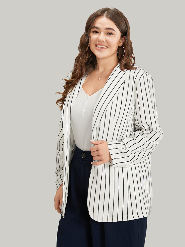 Plus Size Striped Pocket Gathered Lapel Collar Blazer White Women Work Striped Gathered Sleeve Long Sleeve Lapel Collar 18-20/2X Pocket Office Blazers BloomChic 