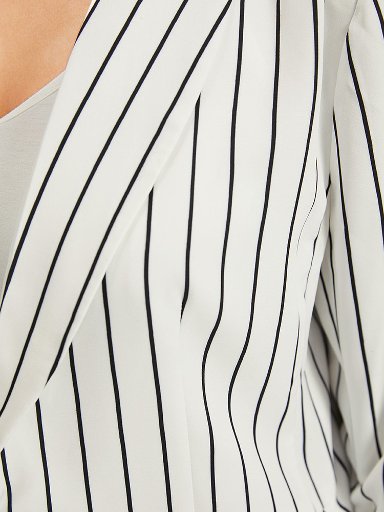 Plus Size Striped Pocket Gathered Lapel Collar Blazer White Women Work Striped Gathered Sleeve Long Sleeve Lapel Collar 18-20/2X Pocket Office Blazers BloomChic 