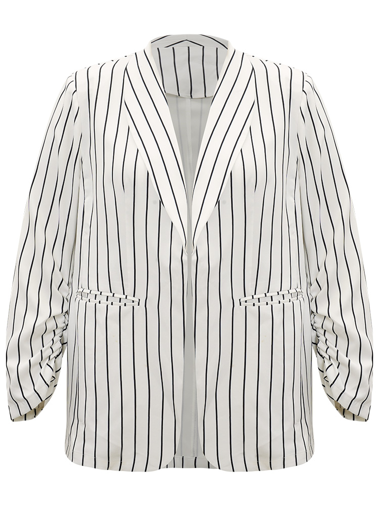 Plus Size Striped Pocket Gathered Lapel Collar Blazer White Women Work Striped Gathered Sleeve Long Sleeve Lapel Collar 18-20/2X Pocket Office Blazers BloomChic 