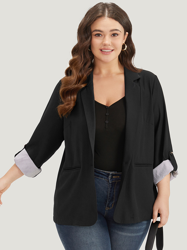 

Plus Size Contrast Suit Collar Button Up Pocket Tab Sleeve Blazer Black Women Work Plain Contrast Sleeve Long Sleeve Lapel Collar  Pocket Office Blazers BloomChic