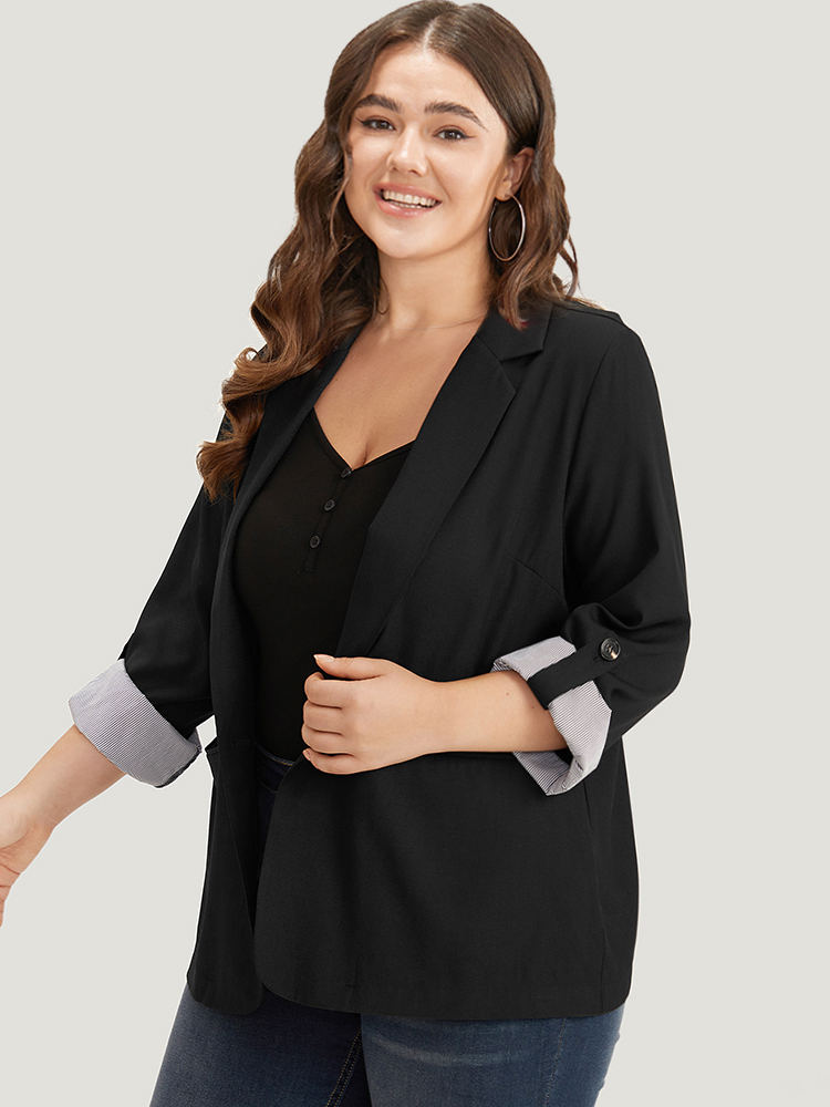 

Plus Size Contrast Suit Collar Button Up Pocket Tab Sleeve Blazer Black Women Work Plain Contrast Sleeve Long Sleeve Lapel Collar  Pocket Office Blazers BloomChic