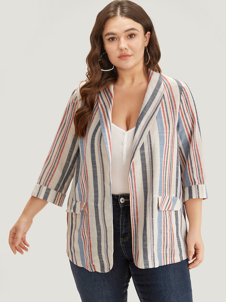 

Plus Size Striped Lapel Collar Pocket Open Front Blazer DarkBlue Women Dailywear Striped Pocket Sleeve Elbow-length sleeve Lapel Collar  Pocket Casual Blazers BloomChic