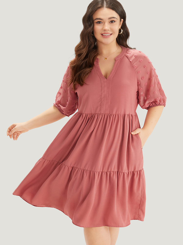 

Plus Size Solid Notched Lantern Sleeve Ruffle Layered Hem Dress Watermelon Women Elegant Plain Notched collar Half Sleeve Curvy Knee Dress BloomChic