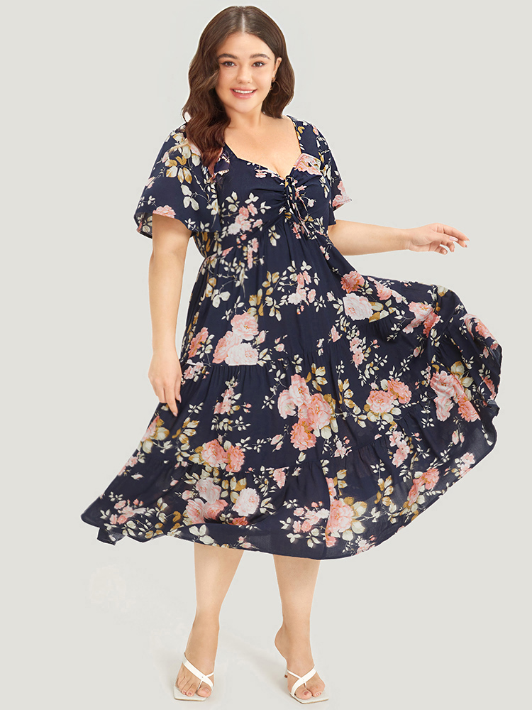 

Plus Size Floral Print Tie Neck Ruffle Hem Pocket Gathered Dress DarkBlue Women Elegant Non V-neck Short sleeve Curvy Midi Dress BloomChic