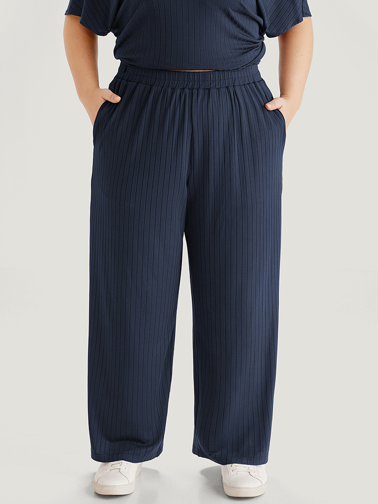 

Plain Rib Knit Pocket Elastic Waist Pants, Indigo