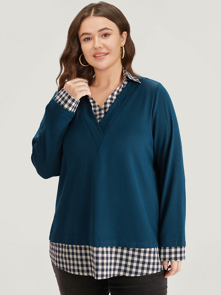 

Plus Size Gingham Patchwork Shirt Collar Arc Hem Sweatshirt Women Blue Casual Patchwork V-neck Everyday Sweatshirts BloomChic