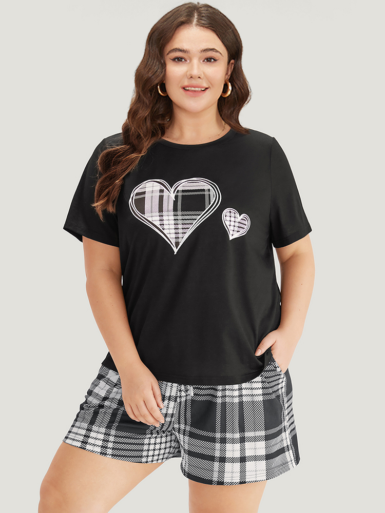 

Plus Size Heart Print Plaid Contrast Crew Neck Sleep Top Black Art&design Dailywear Casual  Bloomchic