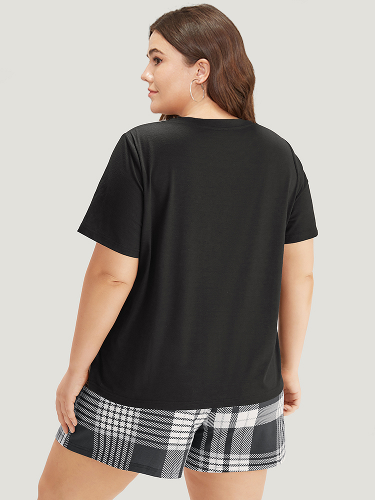 Heart Print Plaid Contrast Crew Neck Sleep Top BloomChic 