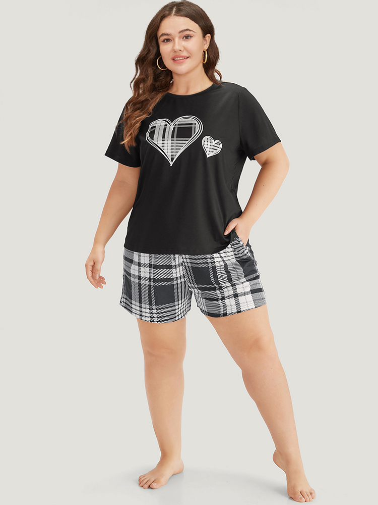 Heart Print Plaid Contrast Crew Neck Sleep Top BloomChic 