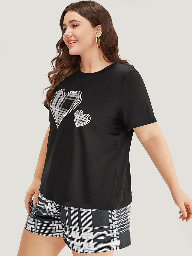 Heart Print Plaid Contrast Crew Neck Sleep Top BloomChic 