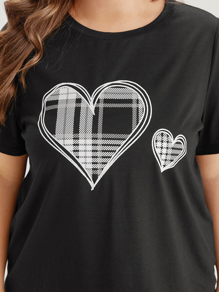 Heart Print Plaid Contrast Crew Neck Sleep Top BloomChic 