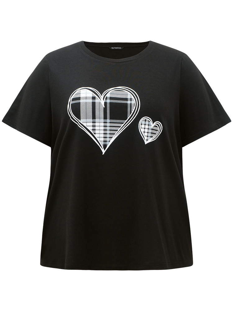 Heart Print Plaid Contrast Crew Neck Sleep Top BloomChic 