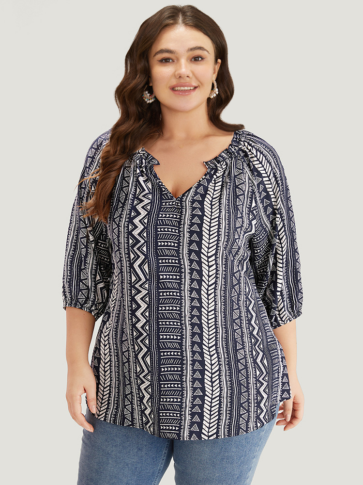 

Plus Size Indigo Boho Print Frill Trim Raglan Sleeve Elastic Cuffs Blouse Women Resort Half Sleeve V-neck Vacation Blouses BloomChic