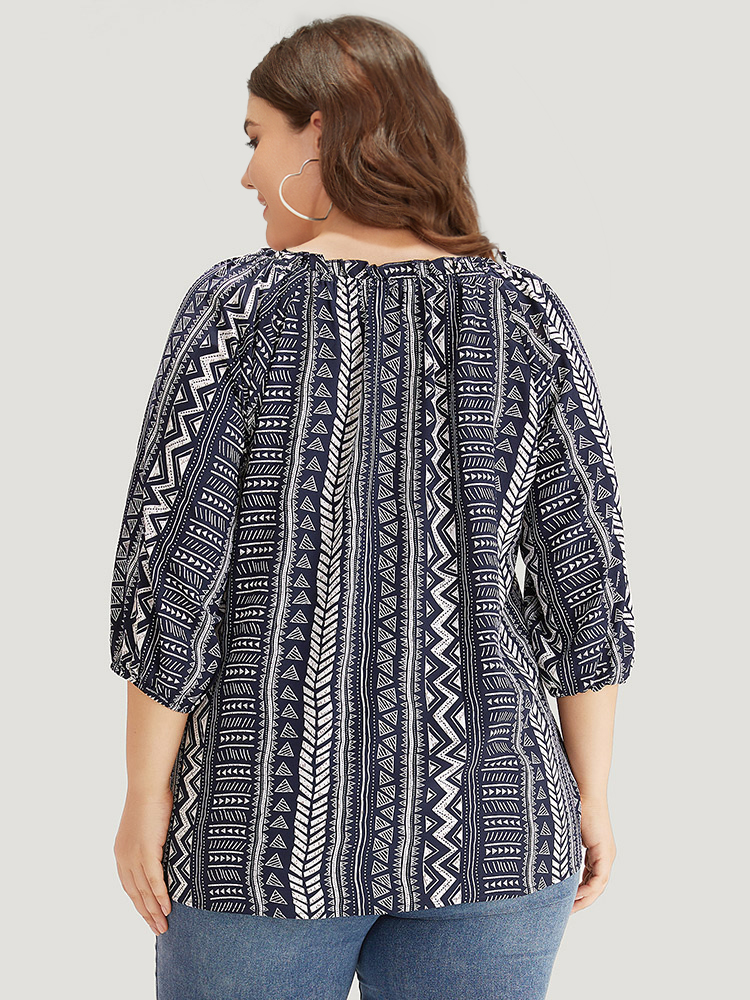 Plus Size Indigo Boho Print Frill Trim Raglan Sleeve Elastic Cuffs Blouse Women Resort Half Sleeve V-neck Vacation Blouses BloomChic 18-20/2X 