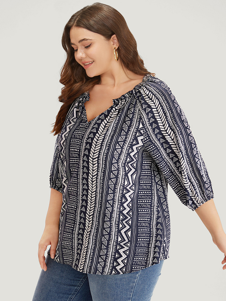 Plus Size Indigo Boho Print Frill Trim Raglan Sleeve Elastic Cuffs Blouse Women Resort Half Sleeve V-neck Vacation Blouses BloomChic 18-20/2X 