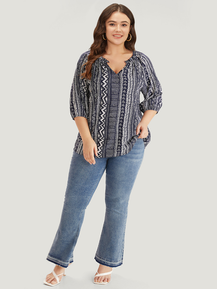 Plus Size Indigo Boho Print Frill Trim Raglan Sleeve Elastic Cuffs Blouse Women Resort Half Sleeve V-neck Vacation Blouses BloomChic 18-20/2X 