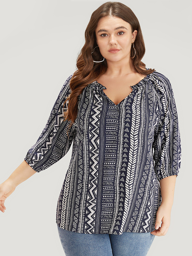 Plus Size Indigo Boho Print Frill Trim Raglan Sleeve Elastic Cuffs Blouse Women Resort Half Sleeve V-neck Vacation Blouses BloomChic 18-20/2X 