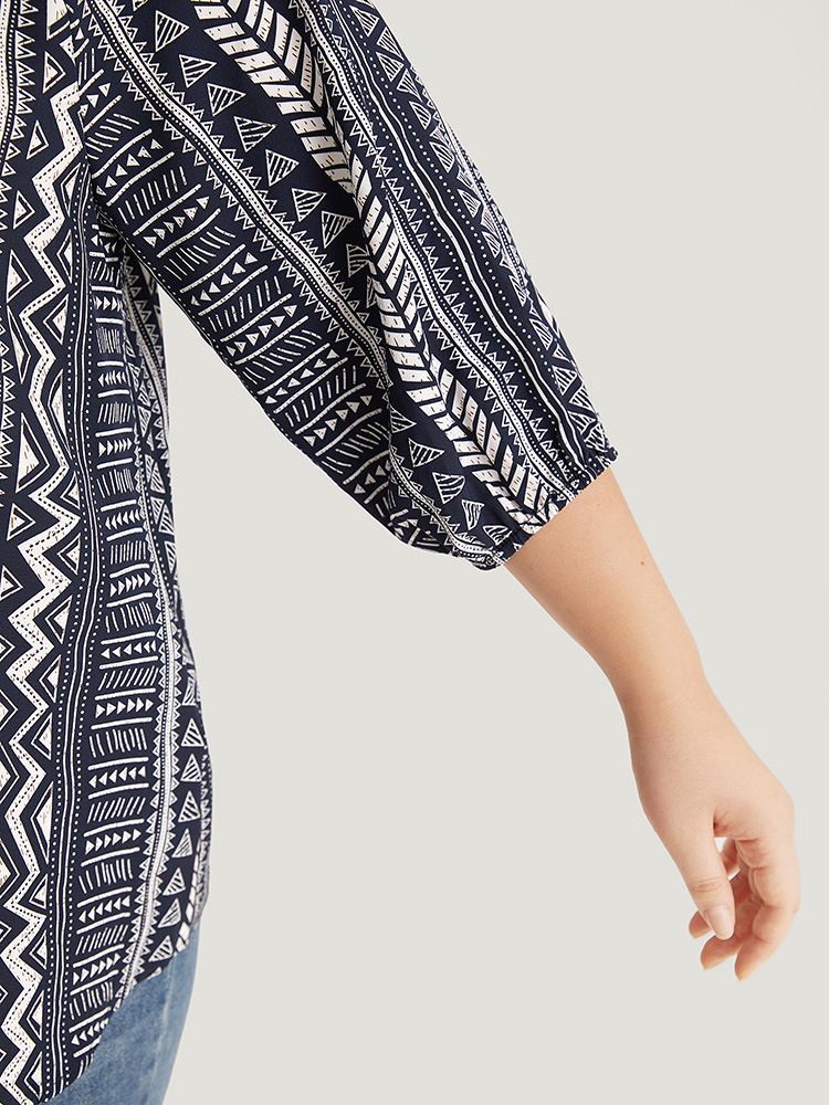 Plus Size Indigo Boho Print Frill Trim Raglan Sleeve Elastic Cuffs Blouse Women Resort Half Sleeve V-neck Vacation Blouses BloomChic 18-20/2X 