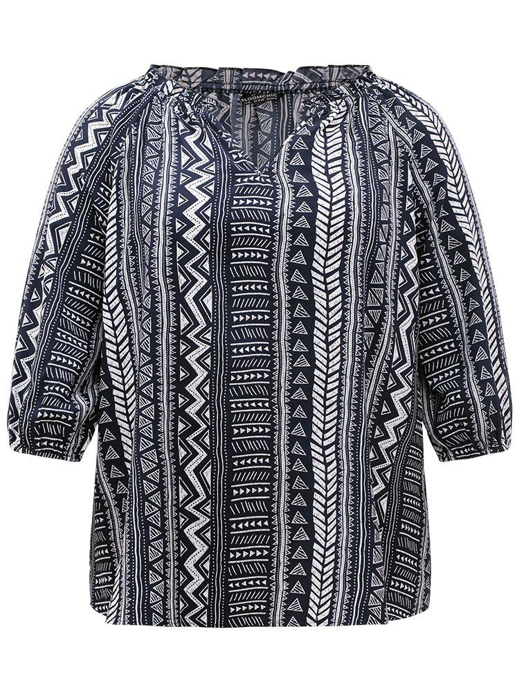 Plus Size Indigo Boho Print Frill Trim Raglan Sleeve Elastic Cuffs Blouse Women Resort Half Sleeve V-neck Vacation Blouses BloomChic 18-20/2X 