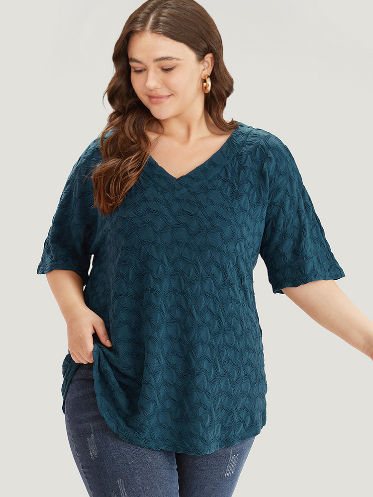 

Plus Size Plain Textured V Neck Half Sleeve T-shirt Cyan Women Elegant Texture Plain V-neck Dailywear T-shirts BloomChic