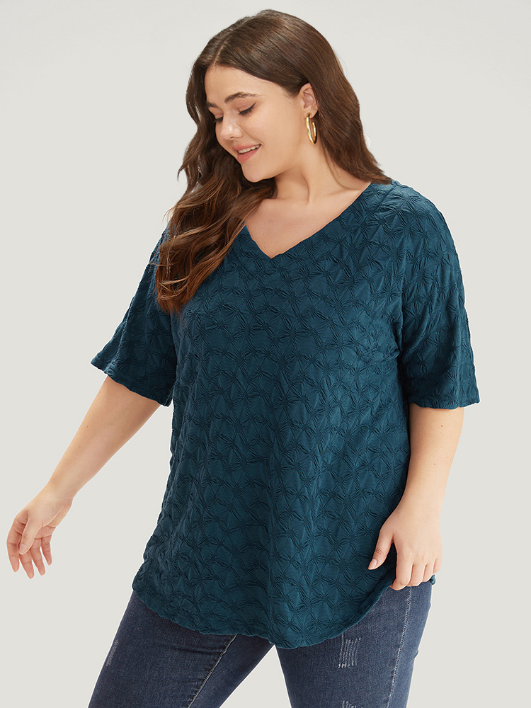 

Plus Size Plain Textured V Neck Half Sleeve T-shirt Cyan Women Elegant Texture Plain V-neck Dailywear T-shirts BloomChic