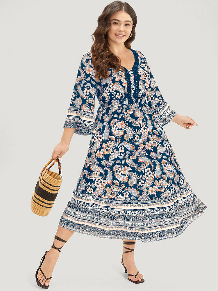 

Plus Size Floral & Paisley Print Elastic Waist Button Detail Dress Aegean Women Vacation Printed V-neck Elbow-length sleeve Curvy Midi Dress BloomChic