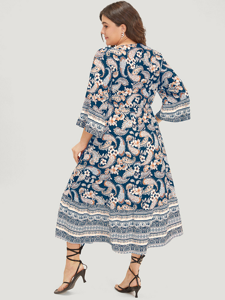 Plus Size Floral & Paisley Print Elastic Waist Button Detail Dress Aegean Women Vacation Printed V-neck Elbow-length sleeve Curvy Midi Dress BloomChic 30/6X 