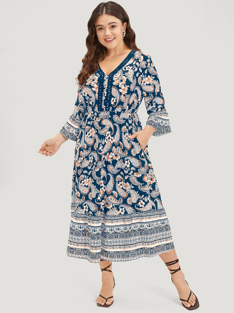 Plus Size Floral & Paisley Print Elastic Waist Button Detail Dress Aegean Women Vacation Printed V-neck Elbow-length sleeve Curvy Midi Dress BloomChic 30/6X 