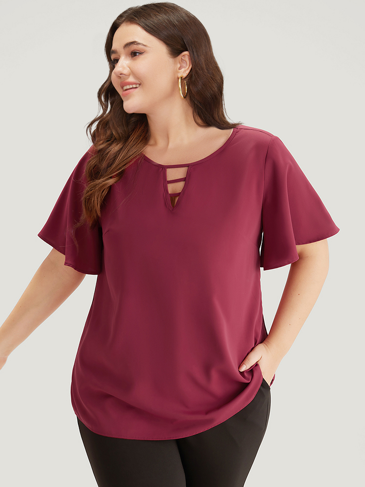 

Plus Size RedViolet Plain Ruffle Sleeve Cut Out Blouse Women Office Short sleeve Keyhole Cut-Out Work Blouses BloomChic