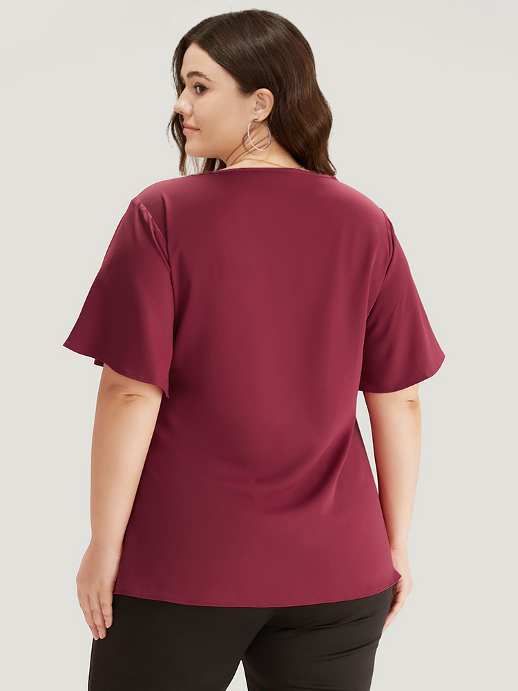 

Plus Size RedViolet Plain Ruffle Sleeve Cut Out Blouse Women Office Short sleeve Keyhole Cut-Out Work Blouses BloomChic