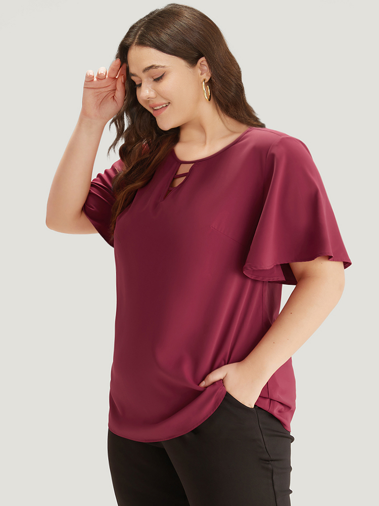 Plus Size RedViolet Plain Ruffle Sleeve Cut Out Blouse Women Office Short sleeve Keyhole Cut-Out Work Blouses BloomChic 22-24/3X 
