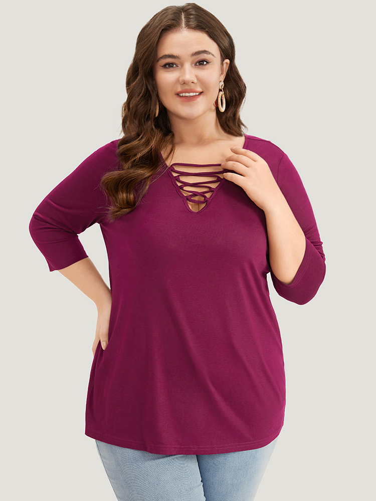 

Plus Size Solid Crisscross Three Quater Length Sleeve Deep V Neck T-shirt Burgundy Women Casual Plain Plain Deep V-neck Dailywear T-shirts BloomChic