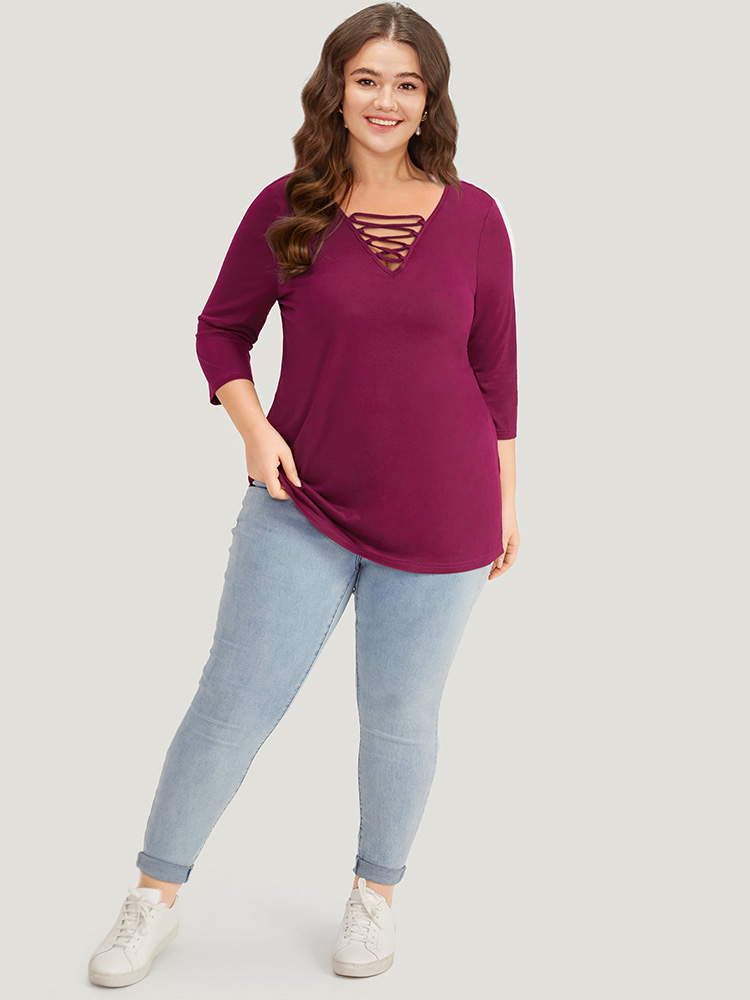 

Plus Size Solid Crisscross Three Quater Length Sleeve Deep V Neck T-shirt Burgundy Women Casual Plain Plain Deep V-neck Dailywear T-shirts BloomChic