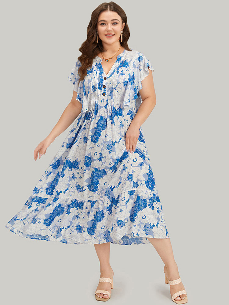 

Plus Size Floral Notched Plicated Detail Ruffle Cap Sleeve Dress LightBlue Women Vacation Printed Notched collar Cap Sleeve Curvy Midi Dress BloomChic