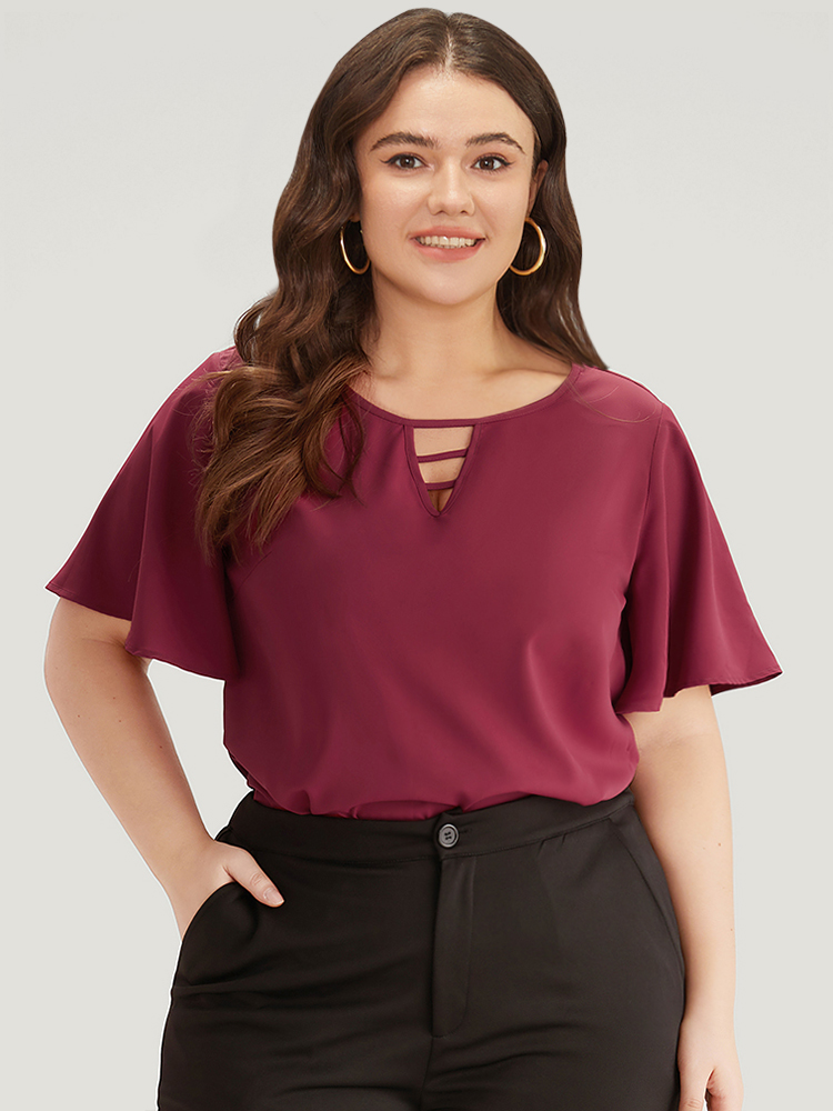 Plus Size RedViolet Plain Ruffle Sleeve Cut Out Blouse Women Office Short sleeve Keyhole Cut-Out Work Blouses BloomChic 22-24/3X 