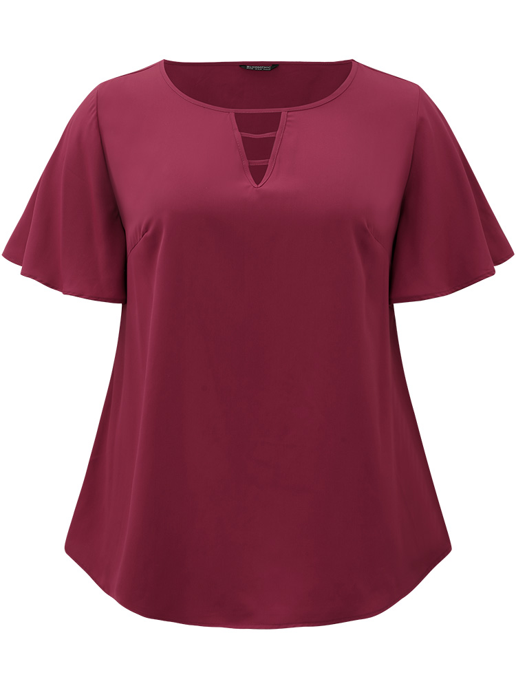 Plus Size RedViolet Plain Ruffle Sleeve Cut Out Blouse Women Office Short sleeve Keyhole Cut-Out Work Blouses BloomChic 22-24/3X 