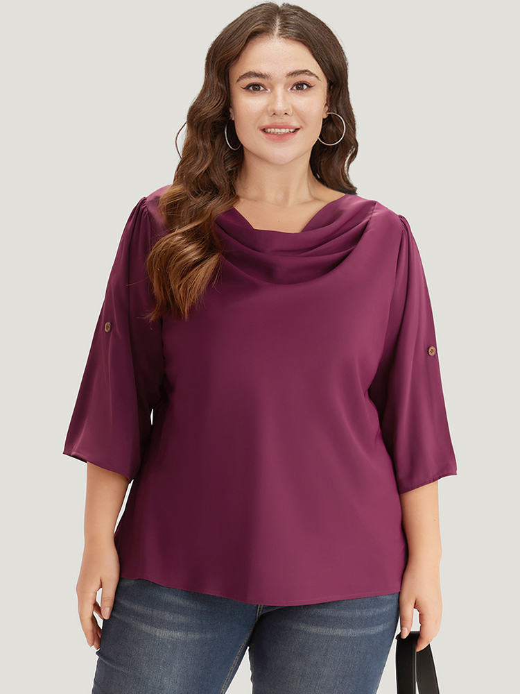 

Plus Size Burgundy Solid Cowl Neck Tab Sleeve Blouse Women Elegant Half Sleeve Cowl Neck Dailywear Blouses BloomChic