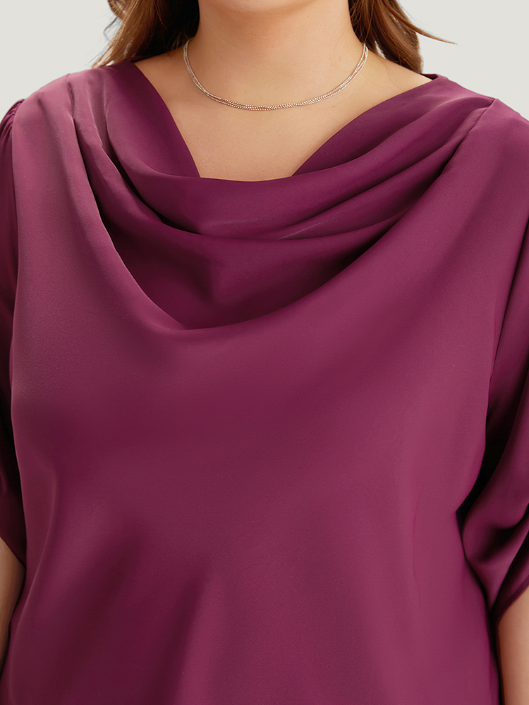 

Plus Size Burgundy Solid Cowl Neck Tab Sleeve Blouse Women Elegant Half Sleeve Cowl Neck Dailywear Blouses BloomChic