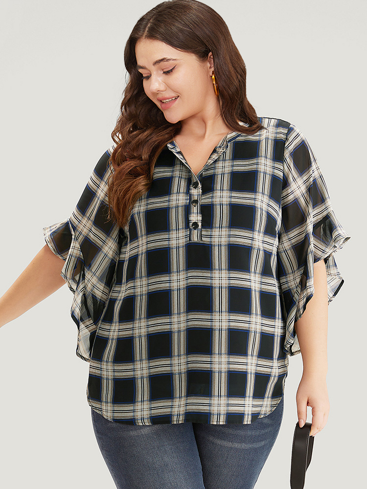 Plus Size Women Work Plaid Lined Bell Sleeve Half Sleeve Shirt collar Office Blouses BloomChic 