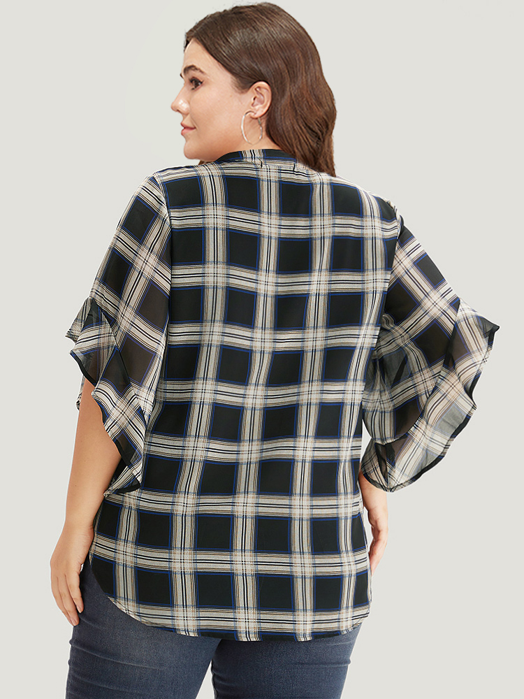 Plus Size Women Work Plaid Lined Bell Sleeve Half Sleeve Shirt collar Office Blouses BloomChic 