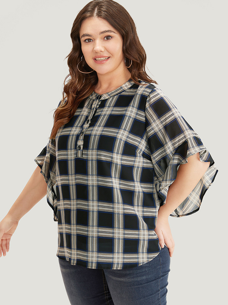 Plus Size Women Work Plaid Lined Bell Sleeve Half Sleeve Shirt collar Office Blouses BloomChic 