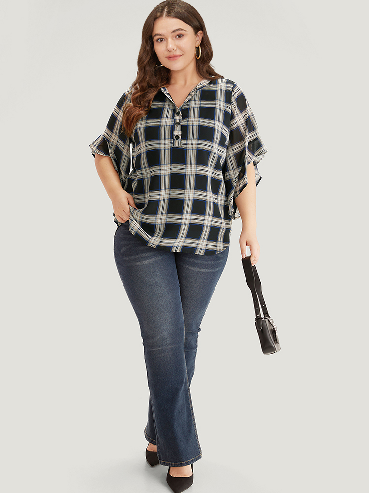 Plus Size Women Work Plaid Lined Bell Sleeve Half Sleeve Shirt collar Office Blouses BloomChic 