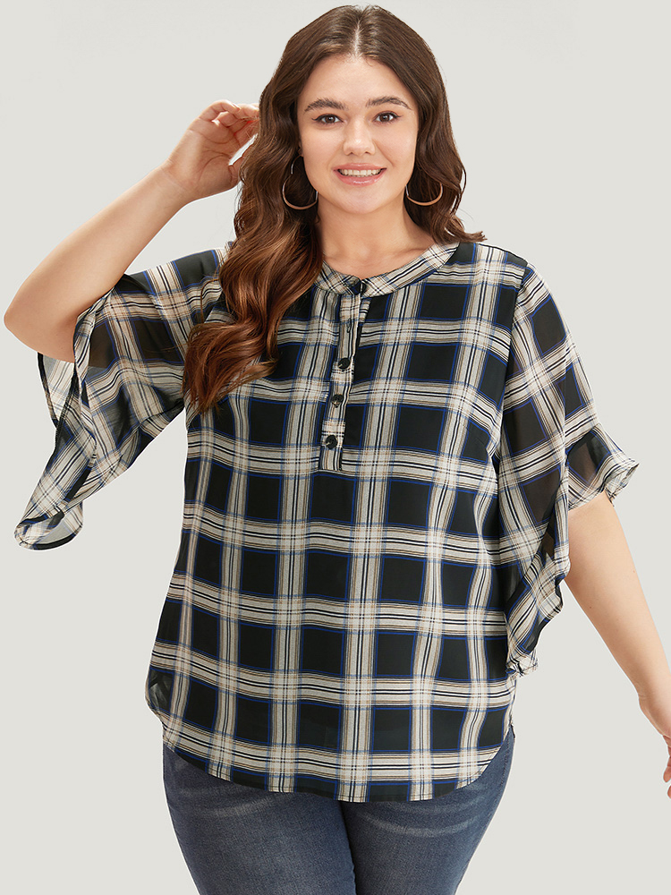 Plus Size Women Work Plaid Lined Bell Sleeve Half Sleeve Shirt collar Office Blouses BloomChic 