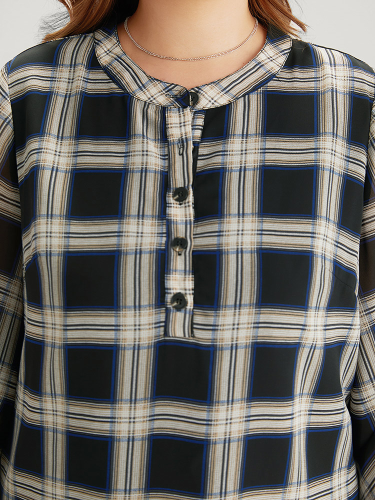 Plus Size Women Work Plaid Lined Bell Sleeve Half Sleeve Shirt collar Office Blouses BloomChic 