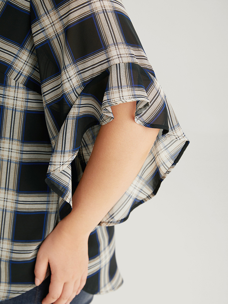 Plus Size Women Work Plaid Lined Bell Sleeve Half Sleeve Shirt collar Office Blouses BloomChic 