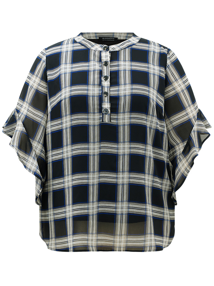 Plus Size Women Work Plaid Lined Bell Sleeve Half Sleeve Shirt collar Office Blouses BloomChic 